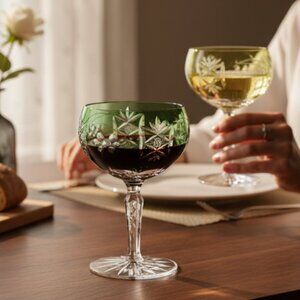 Champagne Coupes -- Green/Yellow Bohemian/Czech Cut-to-Clear Crystal, Set of 2